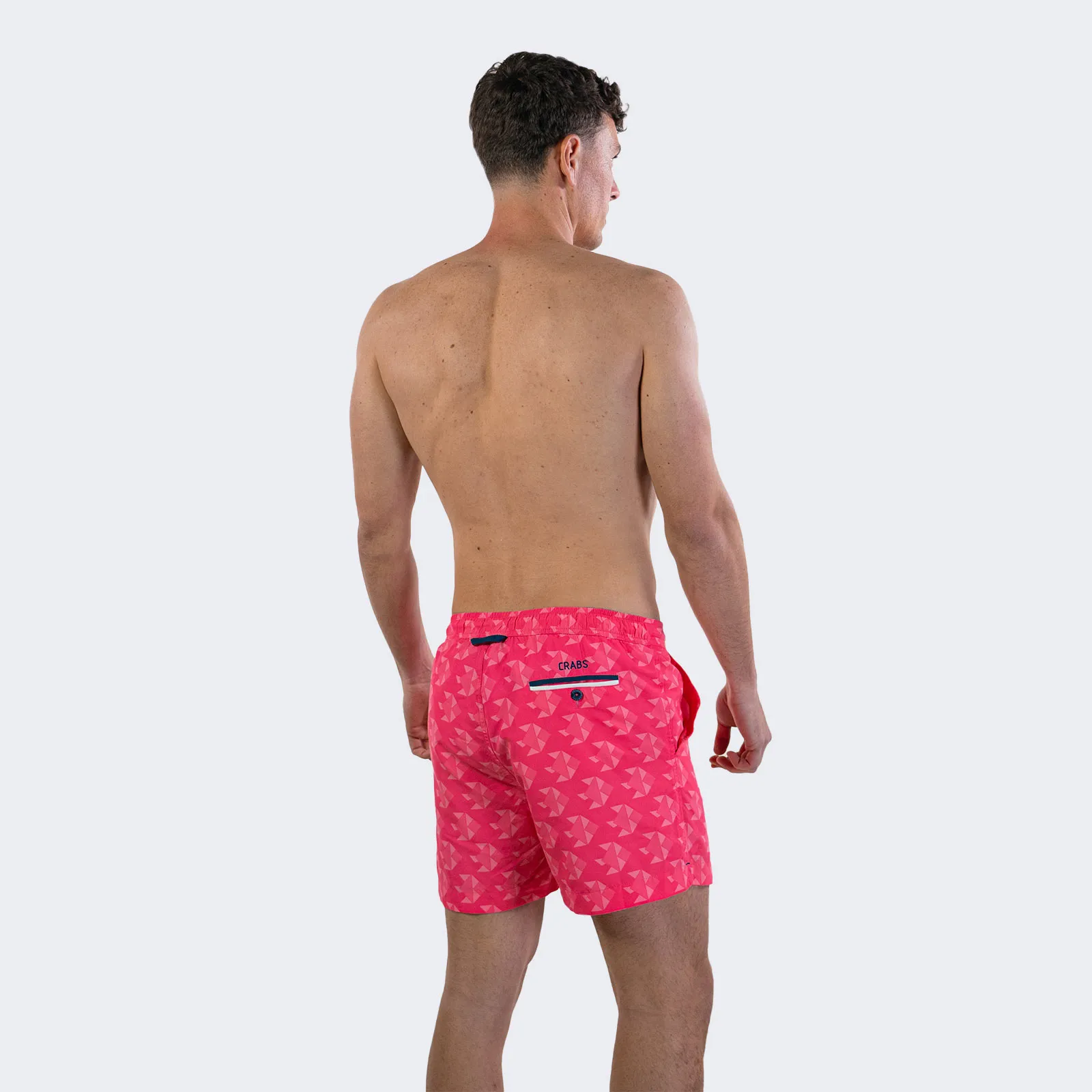 Fish print swim trunks.