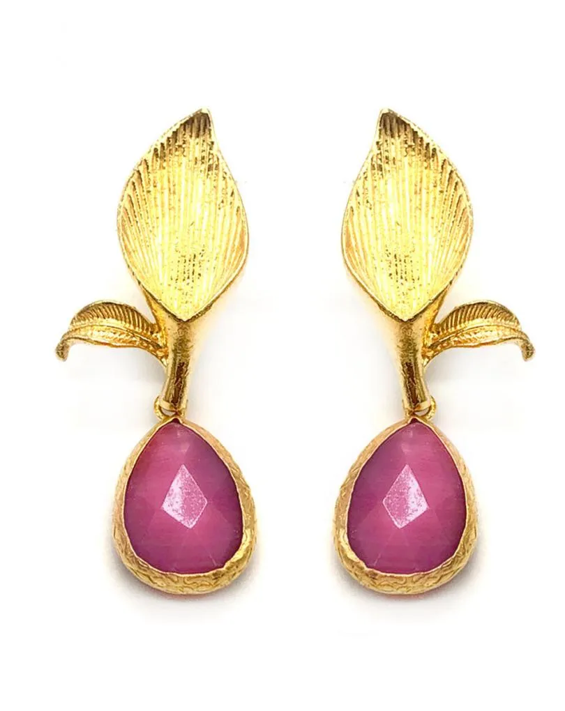 Gold Plated Long Tear Drop Cat Eye Buganvilia Earrings