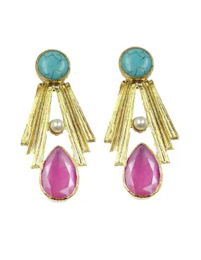 Gold Earrings with Pink and Turquoise Stones