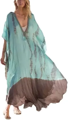 Plus Size Beach Caftan Dress V-neck Print Turkish Robe Kaftan Long for Women
